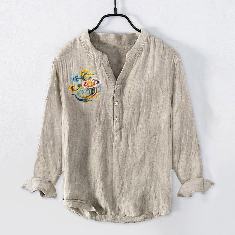 Camicia da uomo in cotone e lino a maniche lunghe con bottoni mezzi, motivo nuvole di buon auspicio Buddha Stones - Biancheria - US/UK/AU50, EU60 (5XL) - image 0