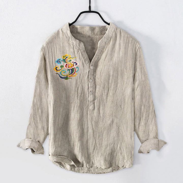 Camicia da uomo in cotone e lino a maniche lunghe con bottoni mezzi, motivo nuvole di buon auspicio Buddha Stones - Biancheria - US/UK/AU50, EU60 (5XL) - image 0