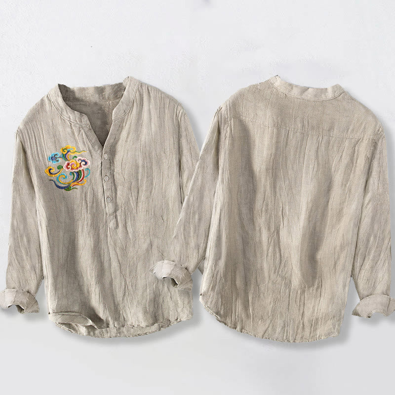 Camicia da uomo in cotone e lino a maniche lunghe con bottoni mezzi, motivo nuvole di buon auspicio Buddha Stones - image 2