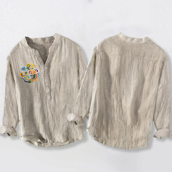 Camicia da uomo in cotone e lino a maniche lunghe con bottoni mezzi, motivo nuvole di buon auspicio Buddha Stones - image 2