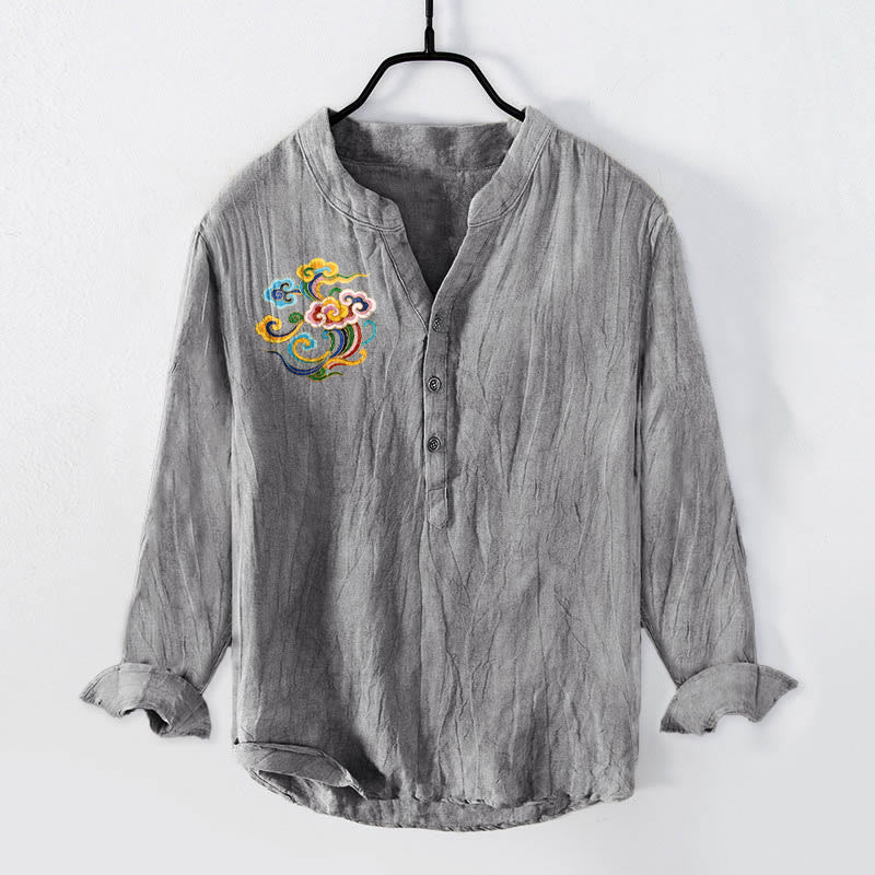 Camicia da uomo in cotone e lino a maniche lunghe con bottoni mezzi, motivo nuvole di buon auspicio Buddha Stones - Grigio - US/UK/AU50, EU60 (5XL) - image 3