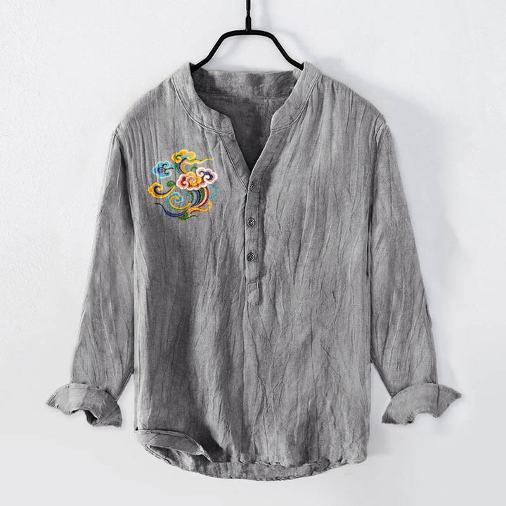 Camicia da uomo in cotone e lino a maniche lunghe con bottoni mezzi, motivo nuvole di buon auspicio Buddha Stones - Grigio - US/UK/AU50, EU60 (5XL) - image 3