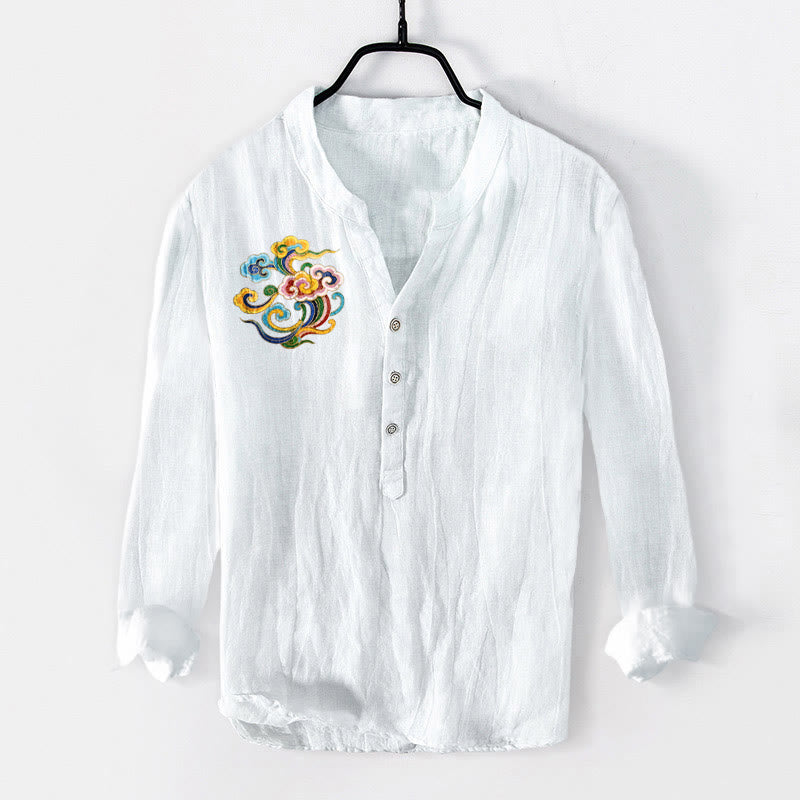 Camicia da uomo in cotone e lino a maniche lunghe con bottoni mezzi, motivo nuvole di buon auspicio Buddha Stones - Bianco - US/UK/AU50, EU60 (5XL) - image 6