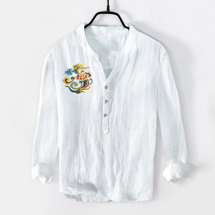 Camicia da uomo in cotone e lino a maniche lunghe con bottoni mezzi, motivo nuvole di buon auspicio Buddha Stones - Bianco - US/UK/AU50, EU60 (5XL) - image 6