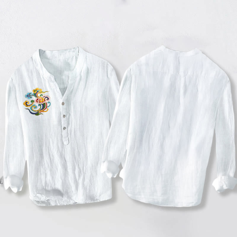 Camicia da uomo in cotone e lino a maniche lunghe con bottoni mezzi, motivo nuvole di buon auspicio Buddha Stones - image 8