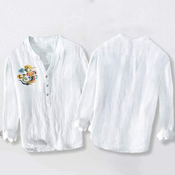 Camicia da uomo in cotone e lino a maniche lunghe con bottoni mezzi, motivo nuvole di buon auspicio Buddha Stones - image 8