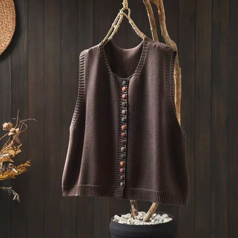 Gilet da donna in maglia di cotone senza maniche con bottoni colorati Buddha Stones - Marrone sella - US4, UK/AU8, EU36-38 (F) - image 3