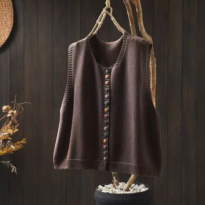Gilet da donna in maglia di cotone senza maniche con bottoni colorati Buddha Stones - Marrone sella - US4, UK/AU8, EU36-38 (F) - image 3