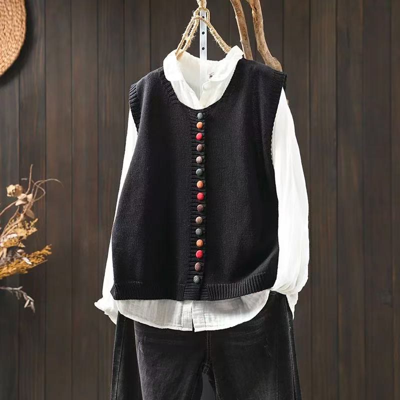 Gilet da donna in maglia di cotone senza maniche con bottoni colorati Buddha Stones - Nero - US4， UK/AU8，EU36-38 (F) - image 4