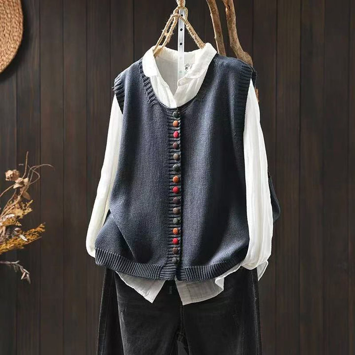 Gilet da donna in maglia di cotone senza maniche con bottoni colorati Buddha Stones - Grigio ardesia - US4, UK/AU8, EU36-38 (F) - image 9