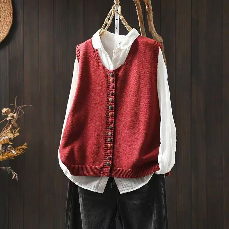 Gilet da donna in maglia di cotone senza maniche con bottoni colorati Buddha Stones - Rosso - US4， UK/AU8，EU36-38 (F) - image 5