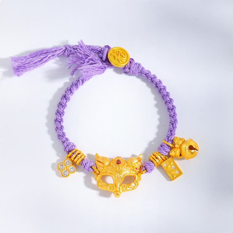 Bracciale portafortuna con corda viola intrecciata, ciondolo a forma di campana di volpe in ottone placcato oro 24k con carattere Fu Buddha Stones - Stringa (circonferenza del polso: 18-20 cm) - image 1