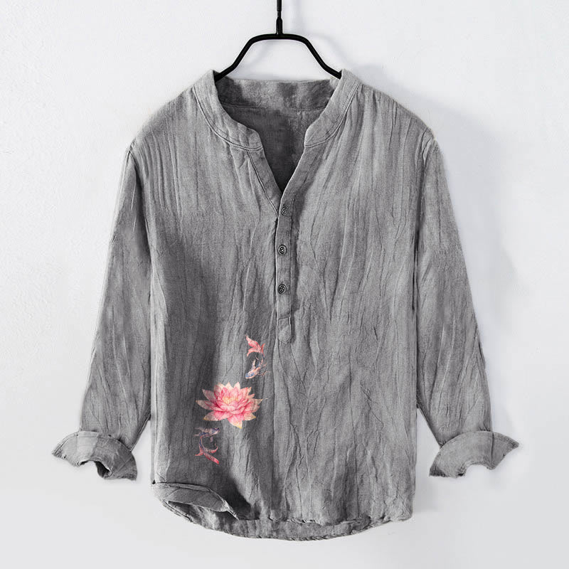 Camicia da uomo in cotone e lino a maniche lunghe con bottoni a metà, motivo Buddha Stones, colori tenui, motivo Lotus Koi Fish - Grigio - US/UK/AU50, EU60 (5XL) - image 0