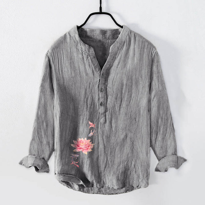Camicia da uomo in cotone e lino a maniche lunghe con bottoni a metà, motivo Buddha Stones, colori tenui, motivo Lotus Koi Fish - Grigio - US/UK/AU50, EU60 (5XL) - image 0
