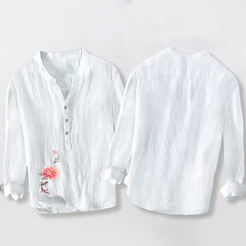 Camicia da uomo in cotone e lino a maniche lunghe con bottoni a metà, motivo Buddha Stones, colori tenui, motivo Lotus Koi Fish - image 8