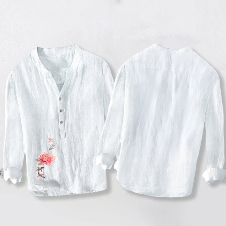 Camicia da uomo in cotone e lino a maniche lunghe con bottoni a metà, motivo Buddha Stones, colori tenui, motivo Lotus Koi Fish - image 8