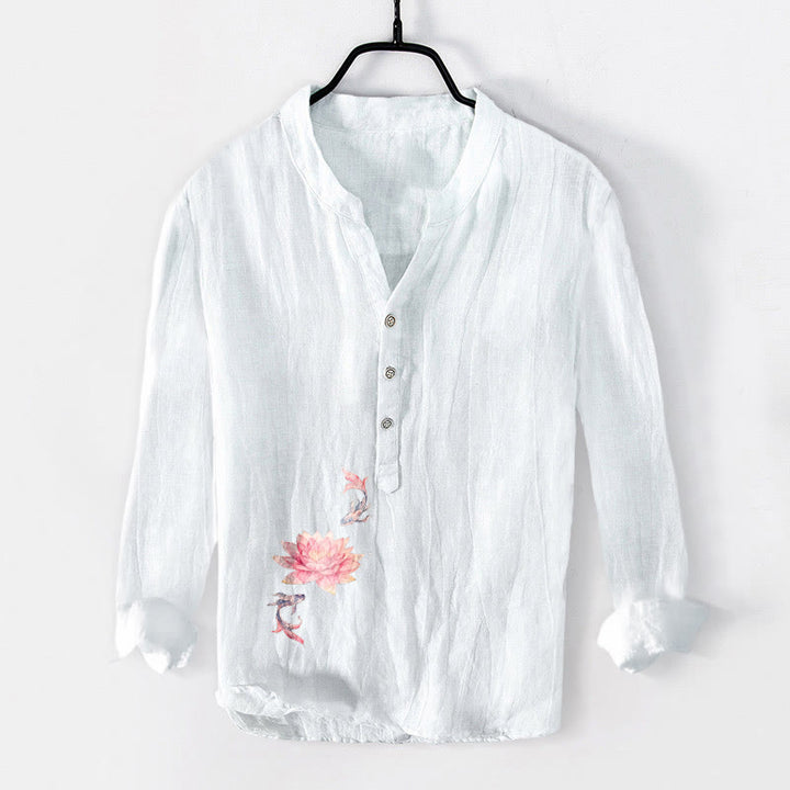 Camicia da uomo in cotone e lino a maniche lunghe con bottoni a metà, motivo Buddha Stones, colori tenui, motivo Lotus Koi Fish - Bianco - US/UK/AU50, EU60 (5XL) - image 6