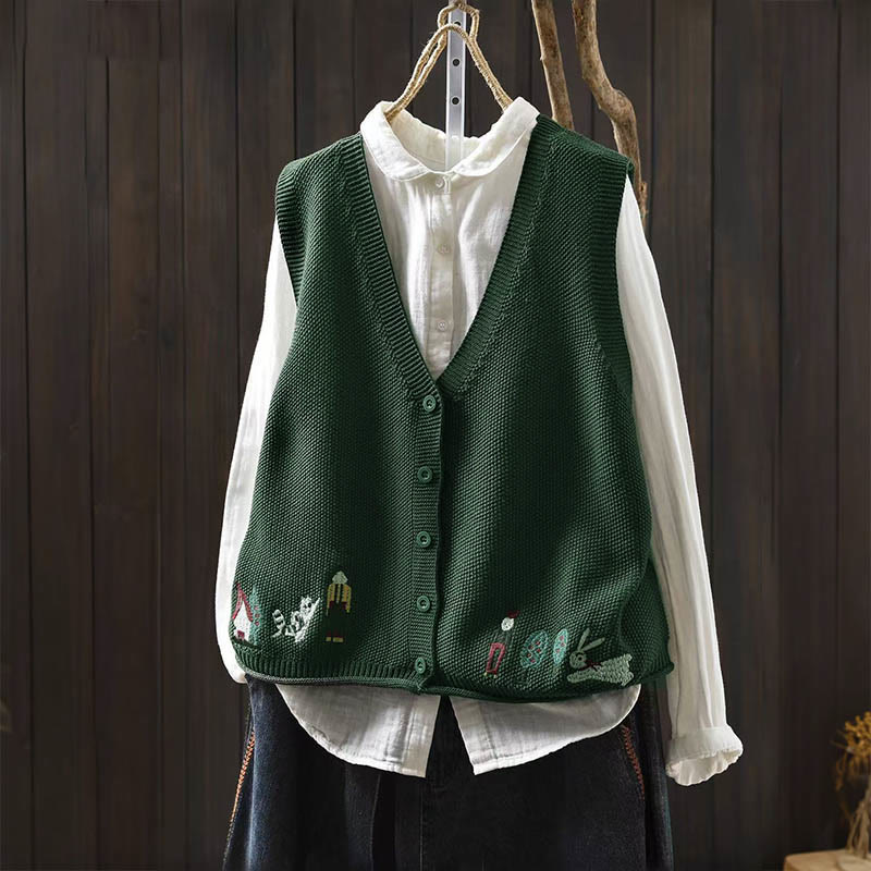 Gilet da donna in maglia di cotone senza maniche con ricamo a forma di albero di coniglio , Buddha Stones - SeaGreen - US4， UK/AU8，EU36-38 (F) - image 2