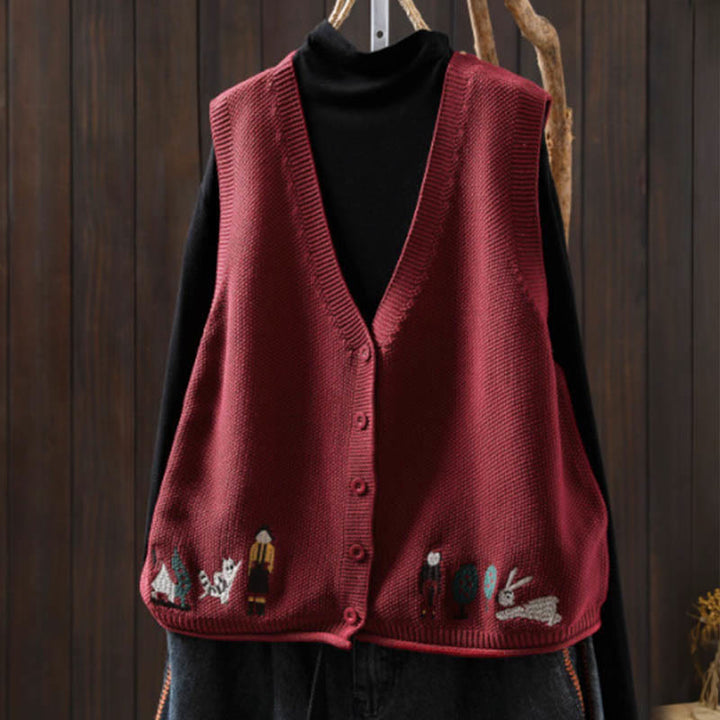 Gilet da donna in maglia di cotone senza maniche con ricamo a forma di albero di coniglio , Buddha Stones - Rosso - US4， UK/AU8，EU36-38 (F) - image 12