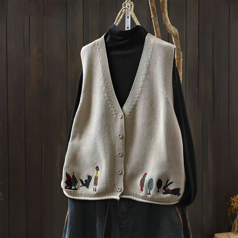 Gilet da donna in maglia di cotone senza maniche con ricamo a forma di albero di coniglio , Buddha Stones - Beige - US4， UK/AU8，EU36-38 (F) - image 0