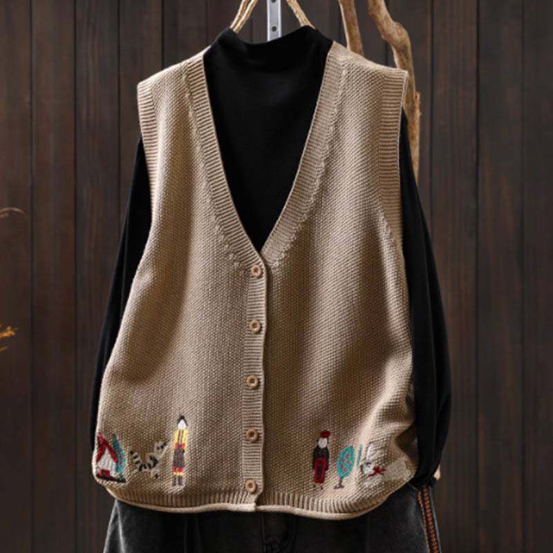 Gilet da donna in maglia di cotone senza maniche con ricamo a forma di albero di coniglio , Buddha Stones - Abbronzatura - US4， UK/AU8，EU36-38 (F) - image 15