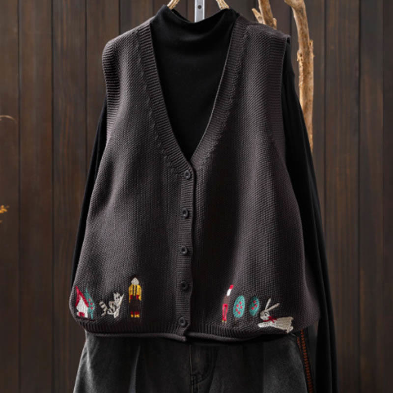 Gilet da donna in maglia di cotone senza maniche con ricamo a forma di albero di coniglio , Buddha Stones - Grigio - US4， UK/AU8，EU36-38 (F) - image 18