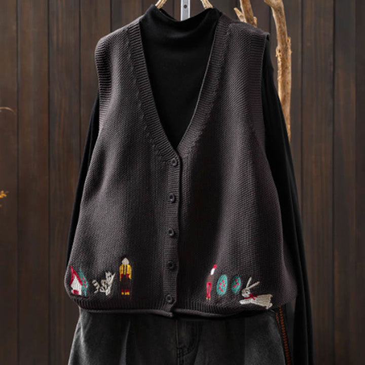 Gilet da donna in maglia di cotone senza maniche con ricamo a forma di albero di coniglio , Buddha Stones - Grigio - US4， UK/AU8，EU36-38 (F) - image 18