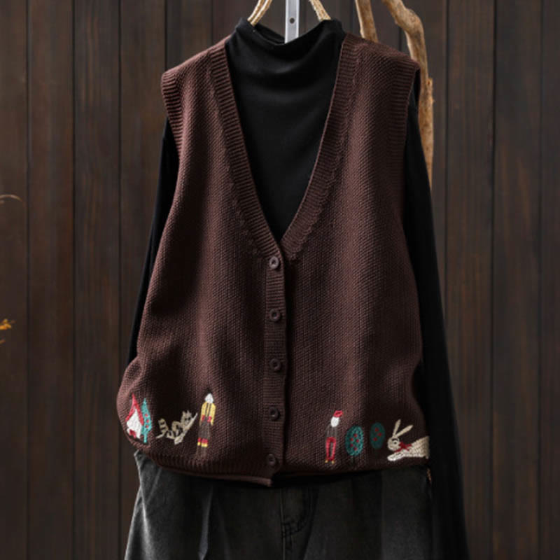 Gilet da donna in maglia di cotone senza maniche con ricamo a forma di albero di coniglio , Buddha Stones - Marrone sella - US4， UK/AU8，EU36-38 (F) - image 21