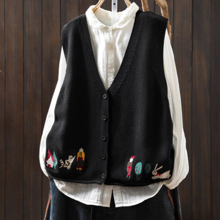 Gilet da donna in maglia di cotone senza maniche con ricamo a forma di albero di coniglio , Buddha Stones - Nero - US4， UK/AU8，EU36-38 (F) - image 24