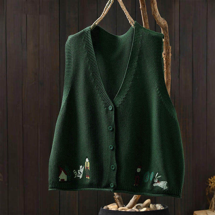 Gilet da donna in maglia di cotone senza maniche con ricamo a forma di albero di coniglio , Buddha Stones - image 3