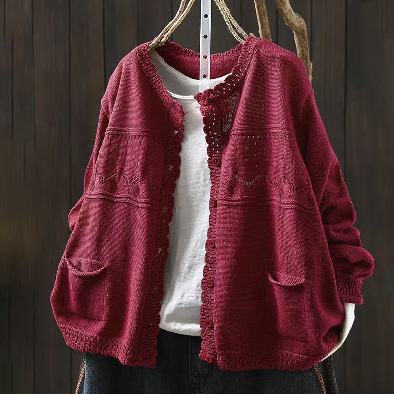 Cardigan lavorato a maglia a maniche lunghe in cotone con bottoni in pizzo autunnale Buddha Stones da donna con tasche - Rosso Indiano - US4, UK/AU8, EU36-38 (F) - image 0