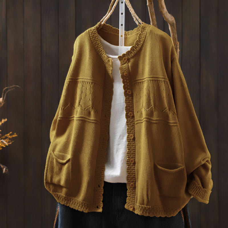 Cardigan lavorato a maglia a maniche lunghe in cotone con bottoni in pizzo autunnale Buddha Stones da donna con tasche - Verga d'oro - US4, UK/AU8, EU36-38 (F) - image 16