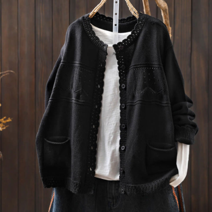 Cardigan lavorato a maglia a maniche lunghe in cotone con bottoni in pizzo autunnale Buddha Stones da donna con tasche - Nero - US4, UK/AU8, EU36-38 (F) - image 23