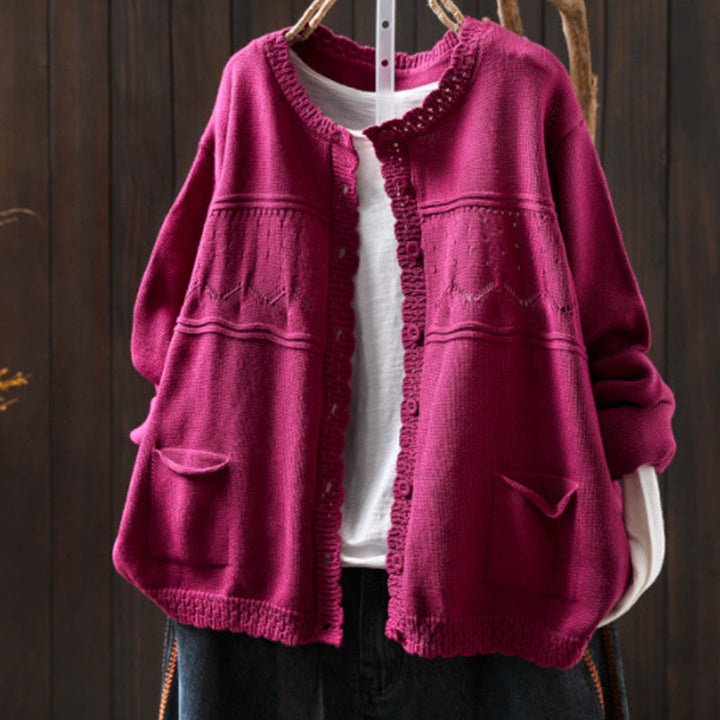 Cardigan lavorato a maglia a maniche lunghe in cotone con bottoni in pizzo autunnale Buddha Stones da donna con tasche - Rosa intenso - US4, UK/AU8, EU36-38 (F) - image 18