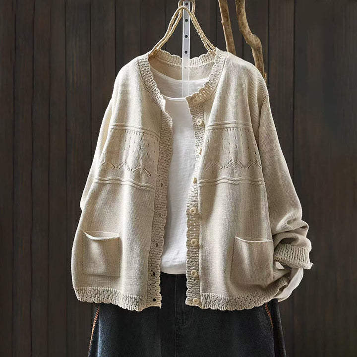 Cardigan lavorato a maglia a maniche lunghe in cotone con bottoni in pizzo autunnale Buddha Stones da donna con tasche - Conchiglia - US4, UK/AU8, EU36-38 (F) - image 14