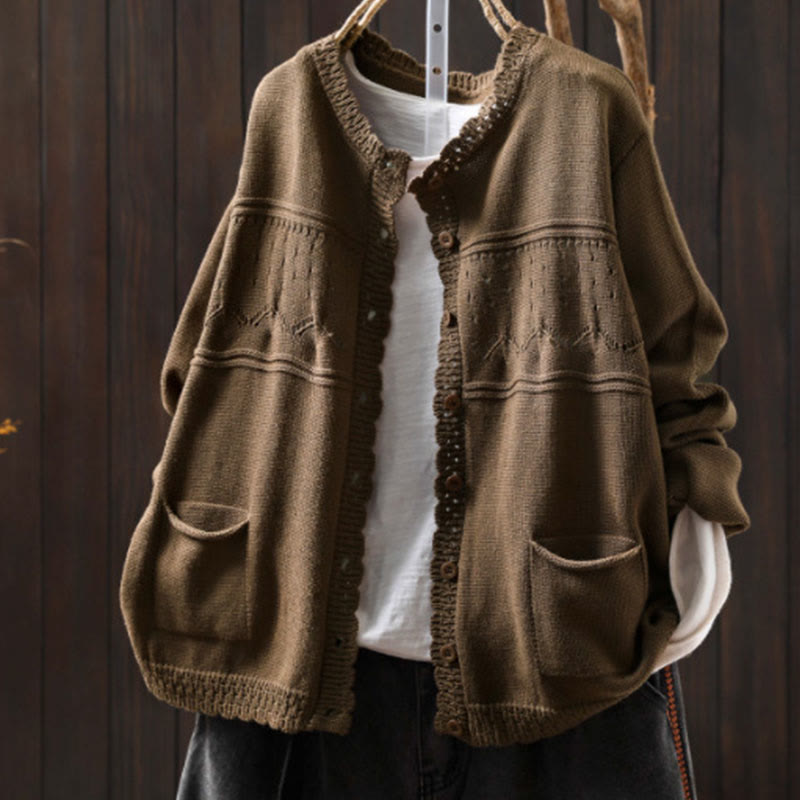 Cardigan lavorato a maglia a maniche lunghe in cotone con bottoni in pizzo autunnale Buddha Stones da donna con tasche - Abbronzatura - US4， UK/AU8，EU36-38 (F) - image 21