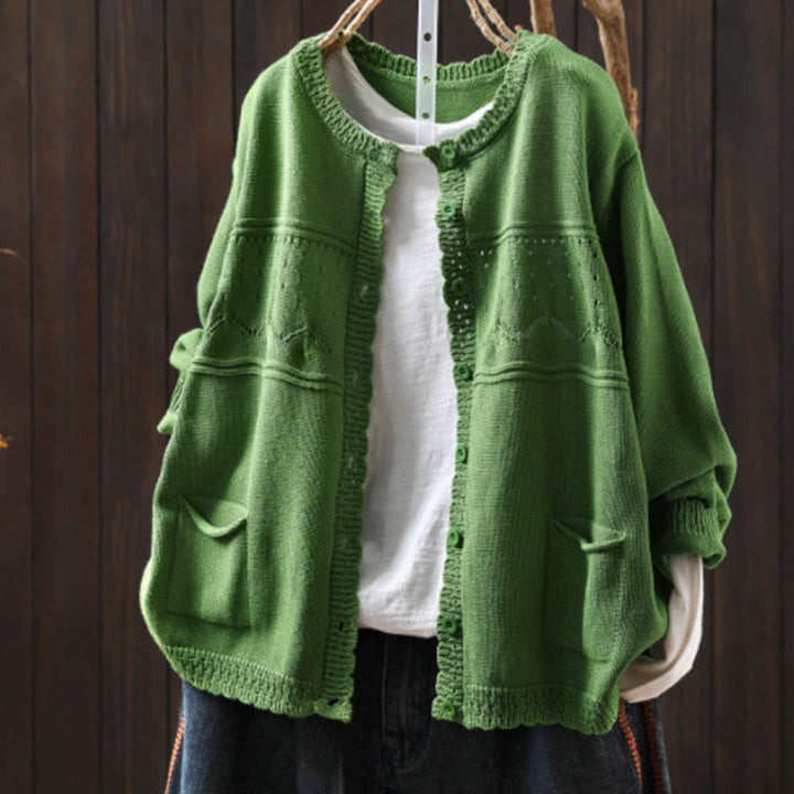 Cardigan lavorato a maglia a maniche lunghe in cotone con bottoni in pizzo autunnale Buddha Stones da donna con tasche - Verde pallido - US4, UK/AU8, EU36-38 (F) - image 20