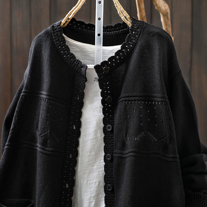 Cardigan lavorato a maglia a maniche lunghe in cotone con bottoni in pizzo autunnale Buddha Stones da donna con tasche - image 24