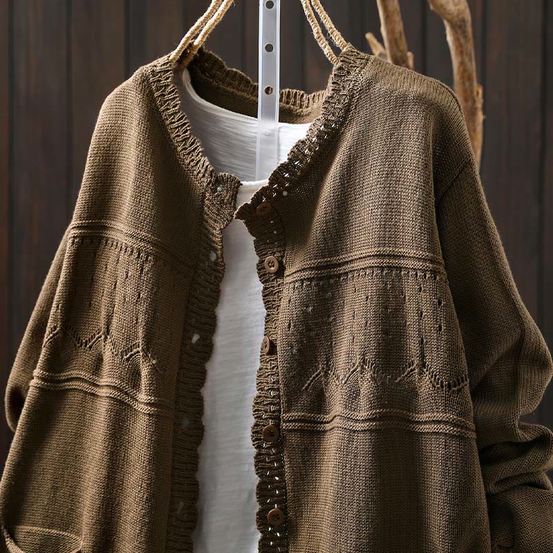 Cardigan lavorato a maglia a maniche lunghe in cotone con bottoni in pizzo autunnale Buddha Stones da donna con tasche - image 22