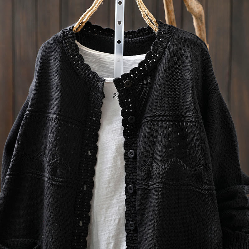 Cardigan lavorato a maglia a maniche lunghe in cotone con bottoni in pizzo autunnale Buddha Stones da donna con tasche - image 24