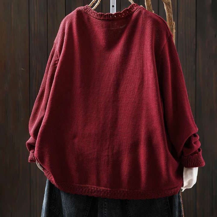 Cardigan lavorato a maglia a maniche lunghe in cotone con bottoni in pizzo autunnale Buddha Stones da donna con tasche - image 2