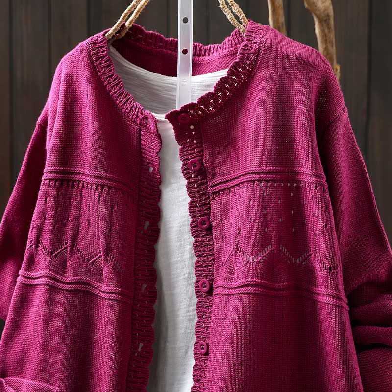 Cardigan lavorato a maglia a maniche lunghe in cotone con bottoni in pizzo autunnale Buddha Stones da donna con tasche - image 19