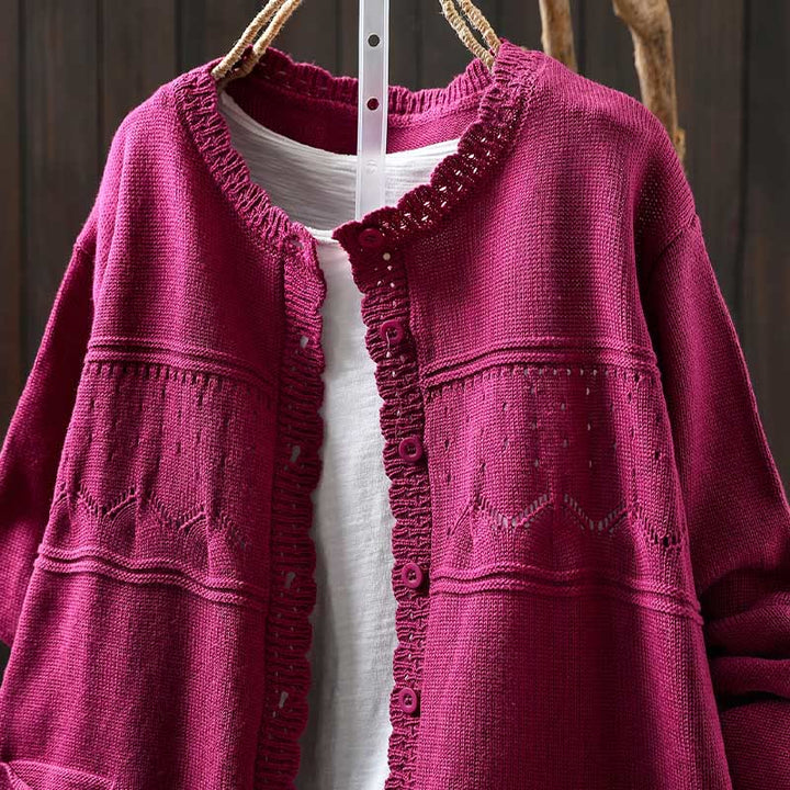Cardigan lavorato a maglia a maniche lunghe in cotone con bottoni in pizzo autunnale Buddha Stones da donna con tasche - image 19