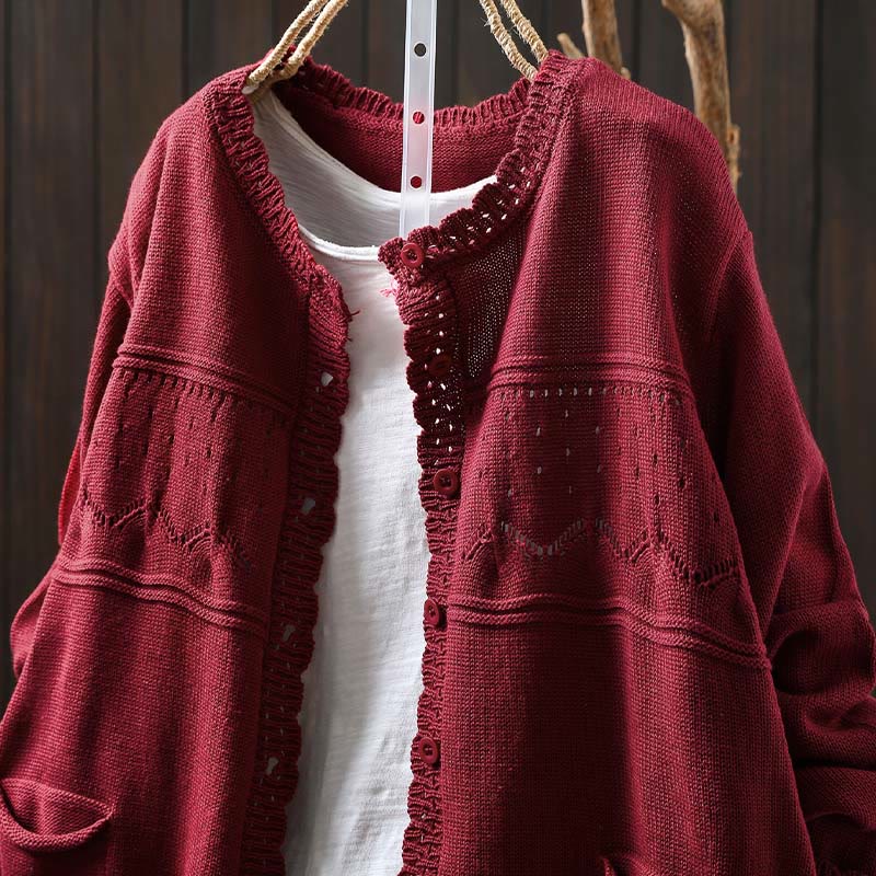 Cardigan lavorato a maglia a maniche lunghe in cotone con bottoni in pizzo autunnale Buddha Stones da donna con tasche - image 3