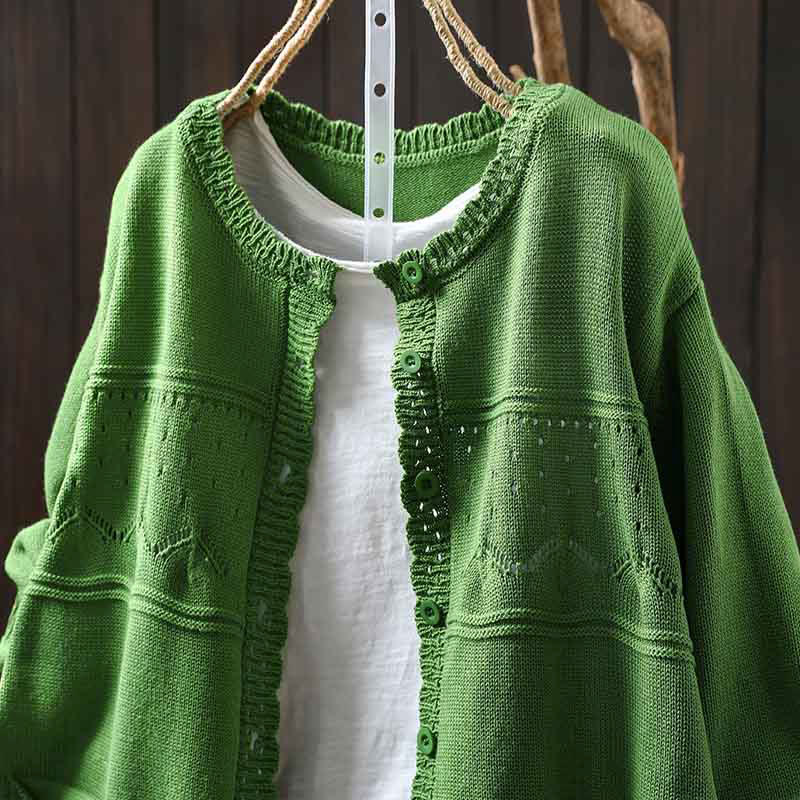 Cardigan lavorato a maglia a maniche lunghe in cotone con bottoni in pizzo autunnale Buddha Stones da donna con tasche - image 25
