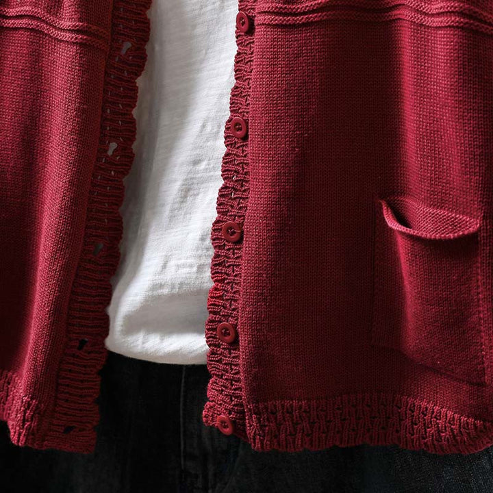 Cardigan lavorato a maglia a maniche lunghe in cotone con bottoni in pizzo autunnale Buddha Stones da donna con tasche - image 7