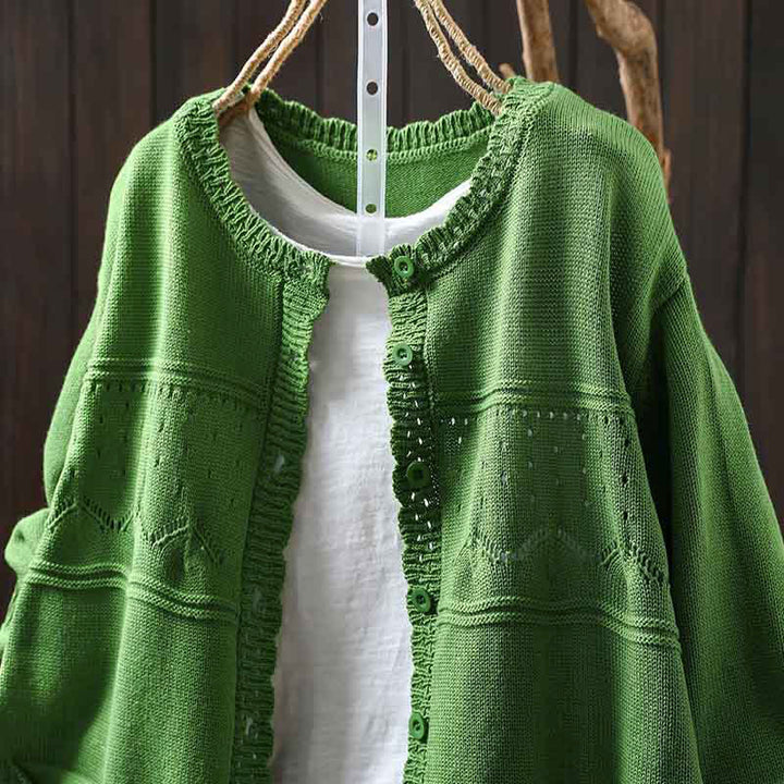 Cardigan lavorato a maglia a maniche lunghe in cotone con bottoni in pizzo autunnale Buddha Stones da donna con tasche - image 25