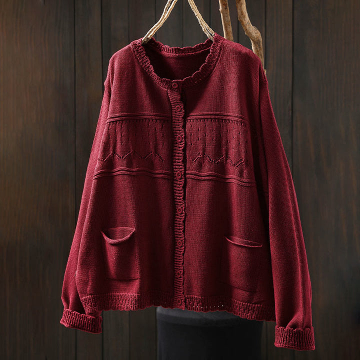 Cardigan lavorato a maglia a maniche lunghe in cotone con bottoni in pizzo autunnale Buddha Stones da donna con tasche - image 1