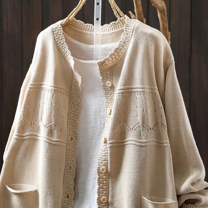 Cardigan lavorato a maglia a maniche lunghe in cotone con bottoni in pizzo autunnale Buddha Stones da donna con tasche - image 15