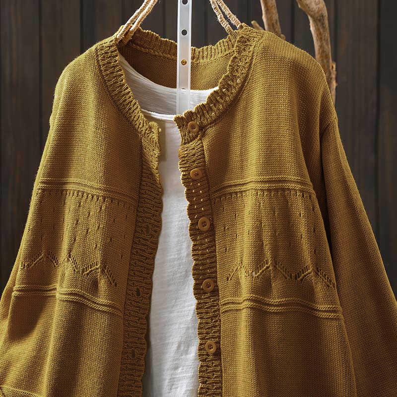 Cardigan lavorato a maglia a maniche lunghe in cotone con bottoni in pizzo autunnale Buddha Stones da donna con tasche - image 17